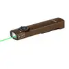 OLIGHT Arkfeld Flat EDC flashlight in brown, with green laser pointer and light shining brightly.