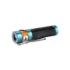 Olight Baton 3 Pro Max powerful flashlight in black with blue and orange accents and a pocket clip.
