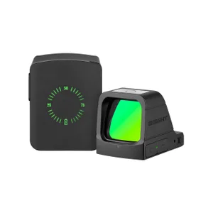 Black Osi Sight red dot sight with green screen, charging case shows green battery meter, 25, 50, 75, and 100 markers.
