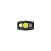 Front view of a compact black LED headlamp showing three different light emitters isolated on a white background