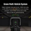 Green multi-reticle system on a gun sight, showing dot, circle, and dot-and-circle options for precise aiming.