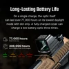 Long-lasting battery life for firearm optics, 77,000 hours with dot only, 308,000 hours with charging cover.