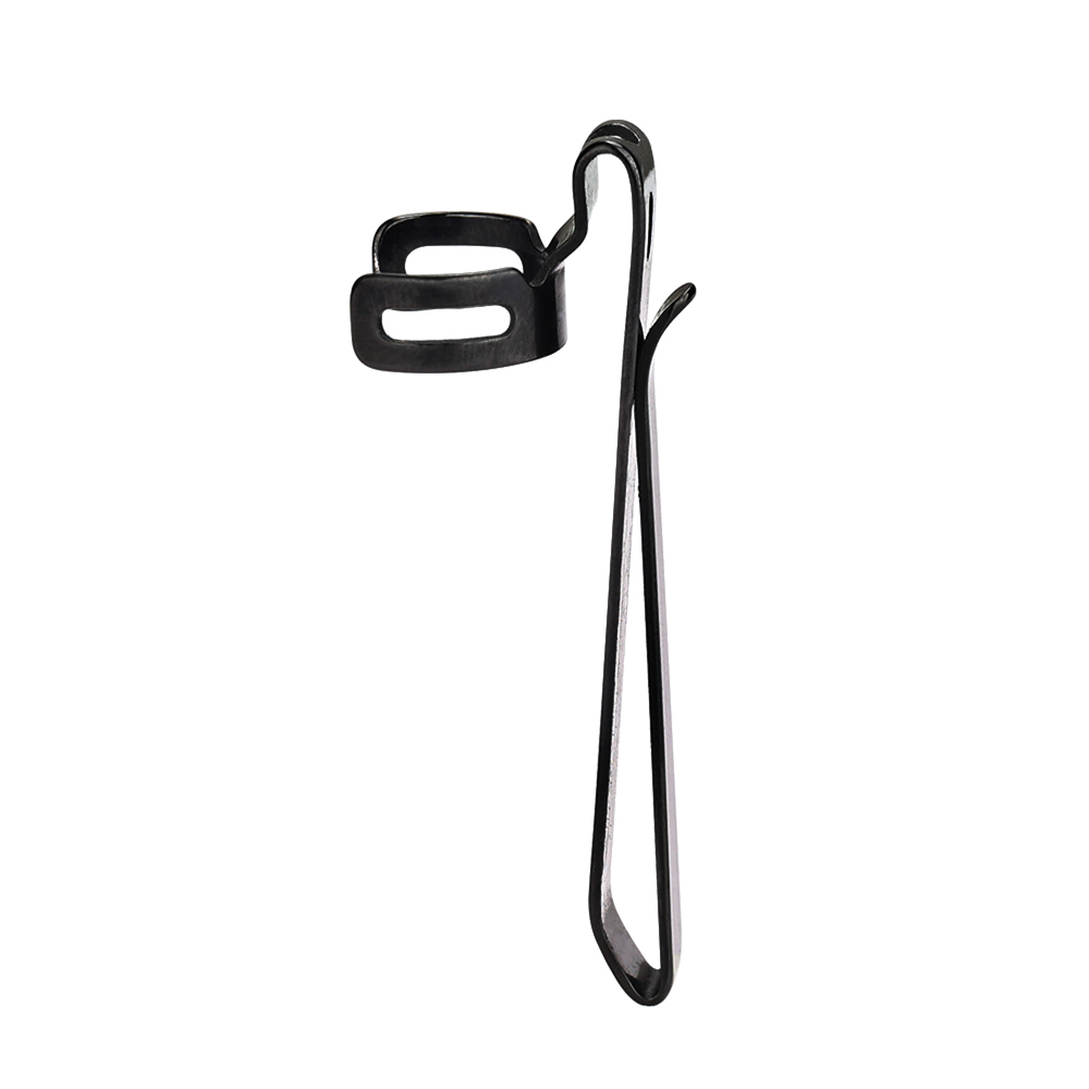 Black metal pocket clip for flashlight or pen isolated on white background