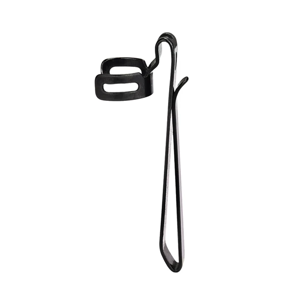 Black metal pocket clip for flashlight or pen isolated on white background