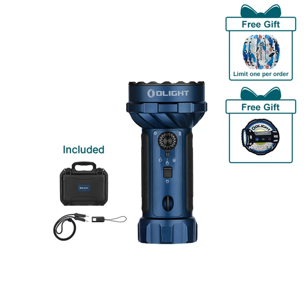 Blue Olight Marauder 2 flashlight with hard case, charging cable, and two free gifts