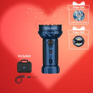 Blue Olight flashlight with a black case, charging cable, and two free gifts against a red background