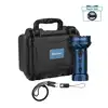 Olight blue powerful searchlight kit with protective hard case, charging cable, lanyard, and bonus headlamp.