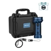 Olight blue powerful searchlight kit with protective hard case, charging cable, lanyard, and bonus headlamp.