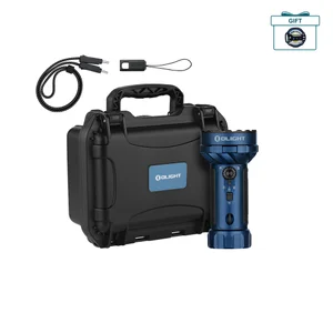 Olight Marauder Mini blue flashlight set with protective carrying case, charging cable, and lanyard on white background