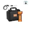 Olight orange heavy-duty flashlight with hard carrying case, charging cable, and lanyard on a white background