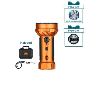 Olight Marauder Mini 2 orange flashlight with case, lanyard, and two free gifts