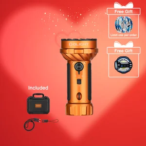 Orange Olight flashlight with included case, cable, and free gifts on a red background