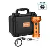 Olight Marauder 2 orange LED flashlight kit with hard case, charging cable, lanyard.