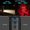 Tactical flashlight with side light (200 lumens, 22 meters) and red light (400 lumens, 120 meters) modes.