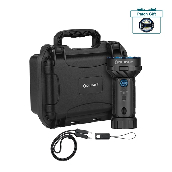 Olight Marauder Mini with black carrying case, charging cable, and wrist lanyard, plus a Patch Gift.