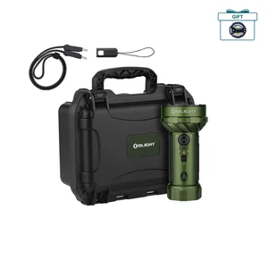 Olight green high lumen flashlight with hard carrying case, charging cable, and lanyard on white background
