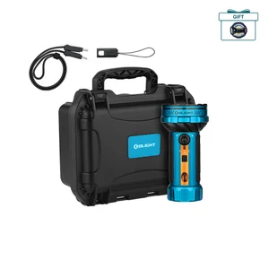 Olight blue high-performance flashlight kit with heavy-duty carrying case, charger, and lanyard on white background