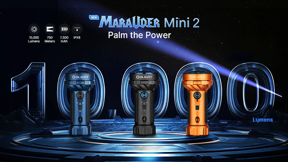 New Olight Marauder Mini 2 flashlight with 10,000 lumens, 750m throw, 7500mAh battery, IPX8 rating.