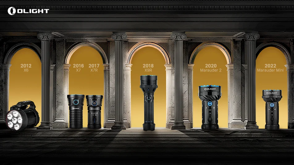 Olight flashlight lineup showcasing models X6 (2012) to Marauder Mini (2022) in a classical arched hall.