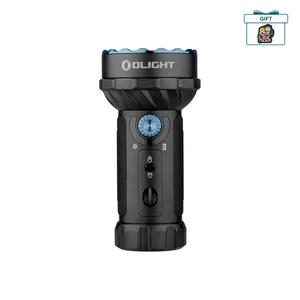 Olight Marauder Mini: compact black multi-function flashlight with a large blue bezel and numerous LED emitters