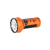 Olight Marauder Mini flashlight, orange body, multiple LEDs, control dial, and power switches, isolated on white