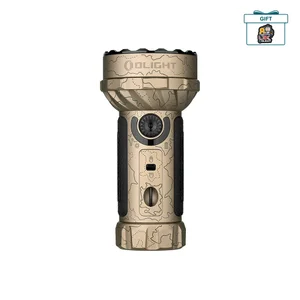 Desert tan Olight flashlight with multi-LED head and tactical controls for outdoor adventures.