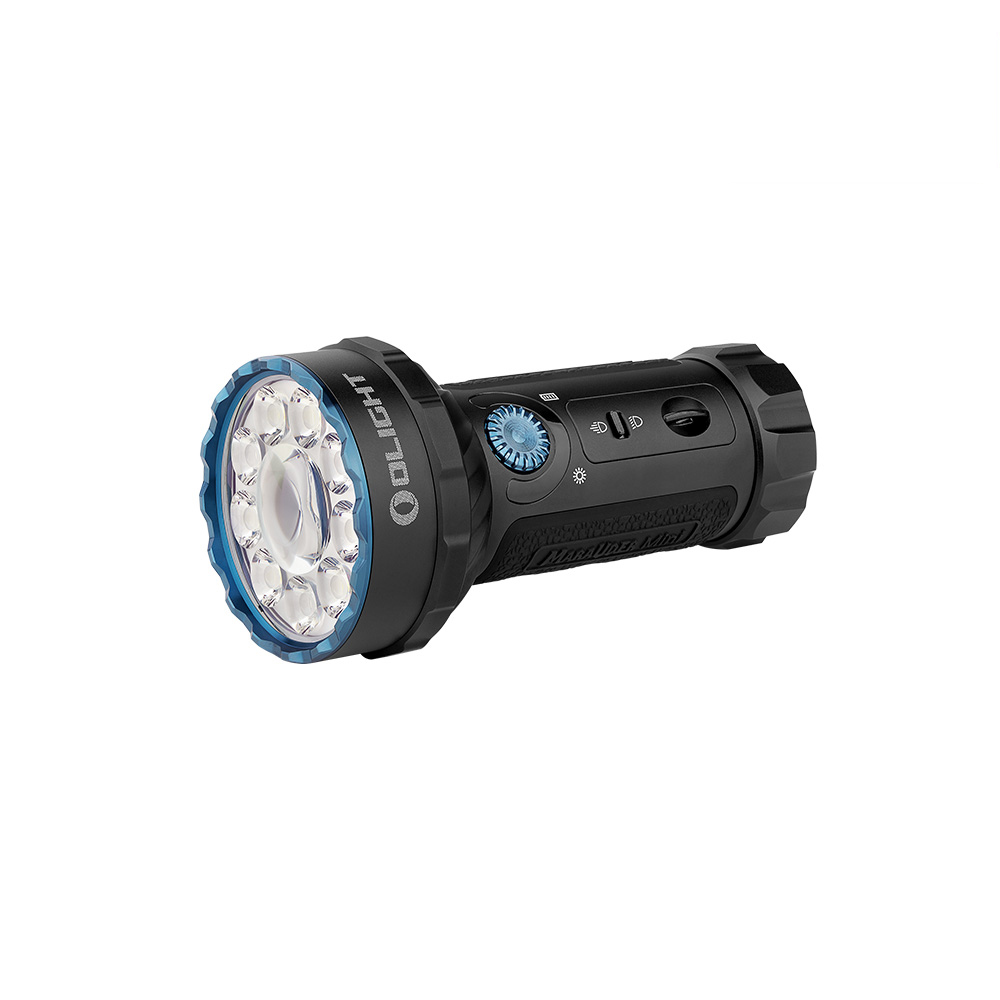 Olight Marauder Mini: compact black multi-function flashlight with a large blue bezel and numerous LED emitters