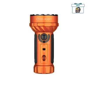 Olight Marauder Mini flashlight, orange body, multiple LEDs, control dial, and power switches, isolated on white