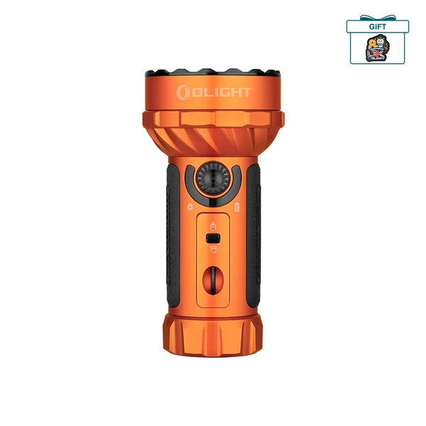 Olight Marauder Mini flashlight, orange body, multiple LEDs, control dial, and power switches, isolated on white