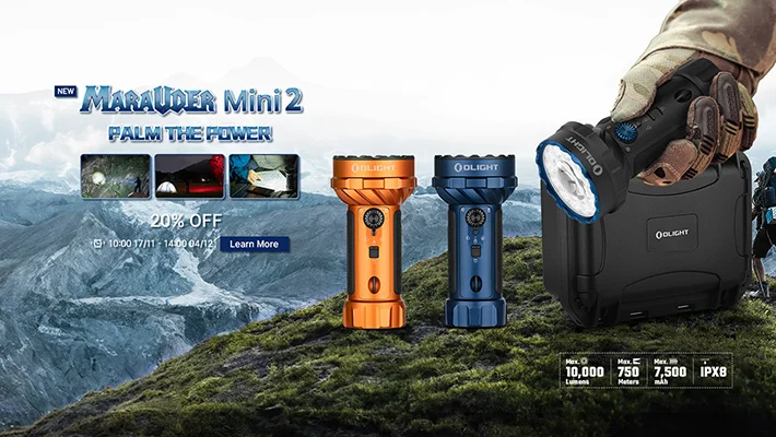 Olight Marauder Mini 2 powerful outdoor flashlight, 10,000 lumens, 750m beam, IPX8, 20% off promotion.