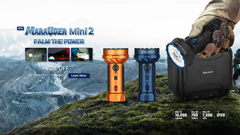 Olight Marauder Mini 2 powerful outdoor flashlight, 10,000 lumens, 750m beam, IPX8, 20% off promotion.