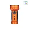 Olight Marauder Mini flashlight, orange body, multiple LEDs, control dial, and power switches, isolated on white