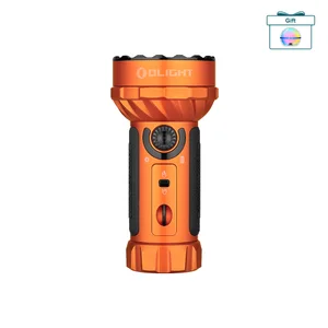 Olight Marauder Mini flashlight, orange body, multiple LEDs, control dial, and power switches, isolated on white