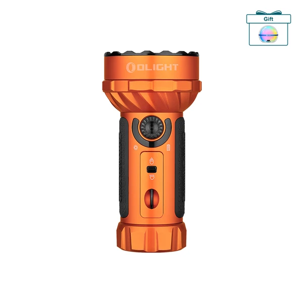 Olight Marauder Mini flashlight, orange body, multiple LEDs, control dial, and power switches, isolated on white