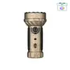 Desert tan Olight flashlight with multi-LED head and tactical controls for outdoor adventures.