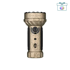 Desert tan Olight flashlight with multi-LED head and tactical controls for outdoor adventures.