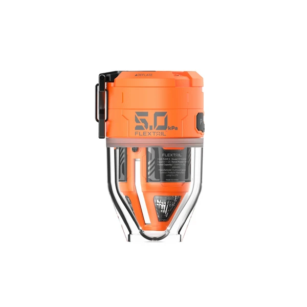 FLEXTAIL MAX PUMP 3 in orange and clear plastic, showing "DEFLATE" and "5.0 kPa" on a white background