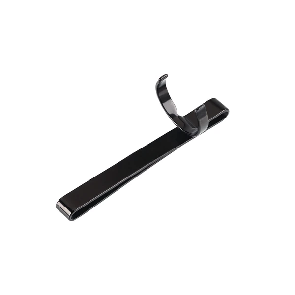 Sleek black metal cigar holder clip isolated on a white background