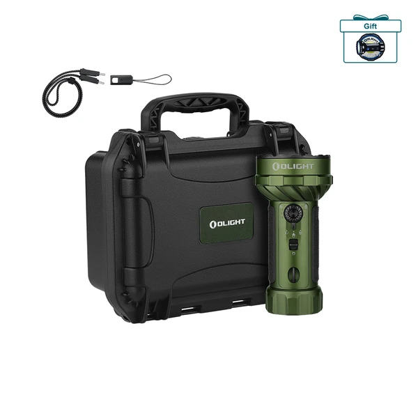 Olight green heavy-duty flashlight with hard carrying case, lanyard, and charging cable on white background