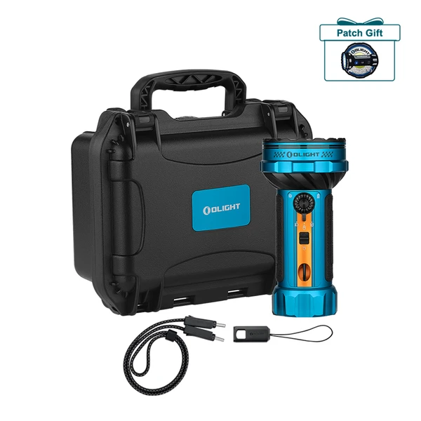 Olight Marauder 2 blue powerful flashlight kit with hard case, lanyard, and charging cable. Patch gift included.