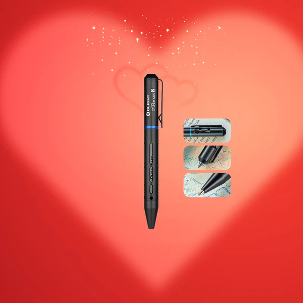 Olight O Pen Mini 2 black multi-functional pen, three images showing its details on a red heart background.
