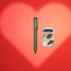 Olight O-Pen Mini 2 tactical pen light, green, for everyday carry with red background and sparkles