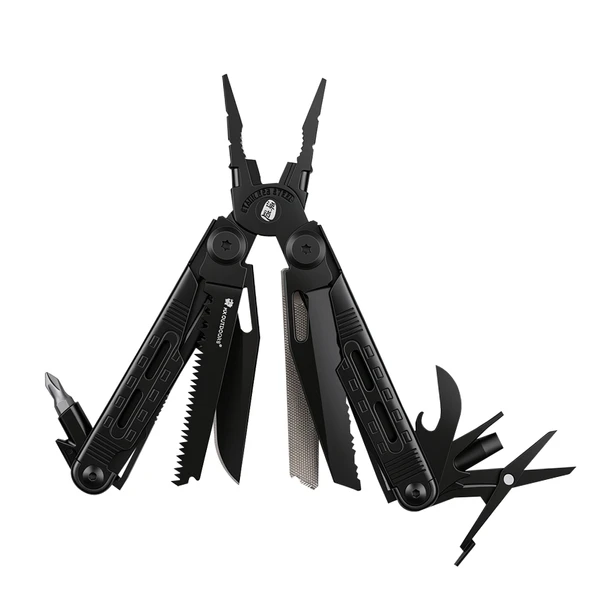 Black multi-tool pocket knife with pliers, saw, file, and screwdriver on white background