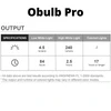 Obulb Pro output specifications chart showing lumens and runtime for low white, high white, and colored lights.