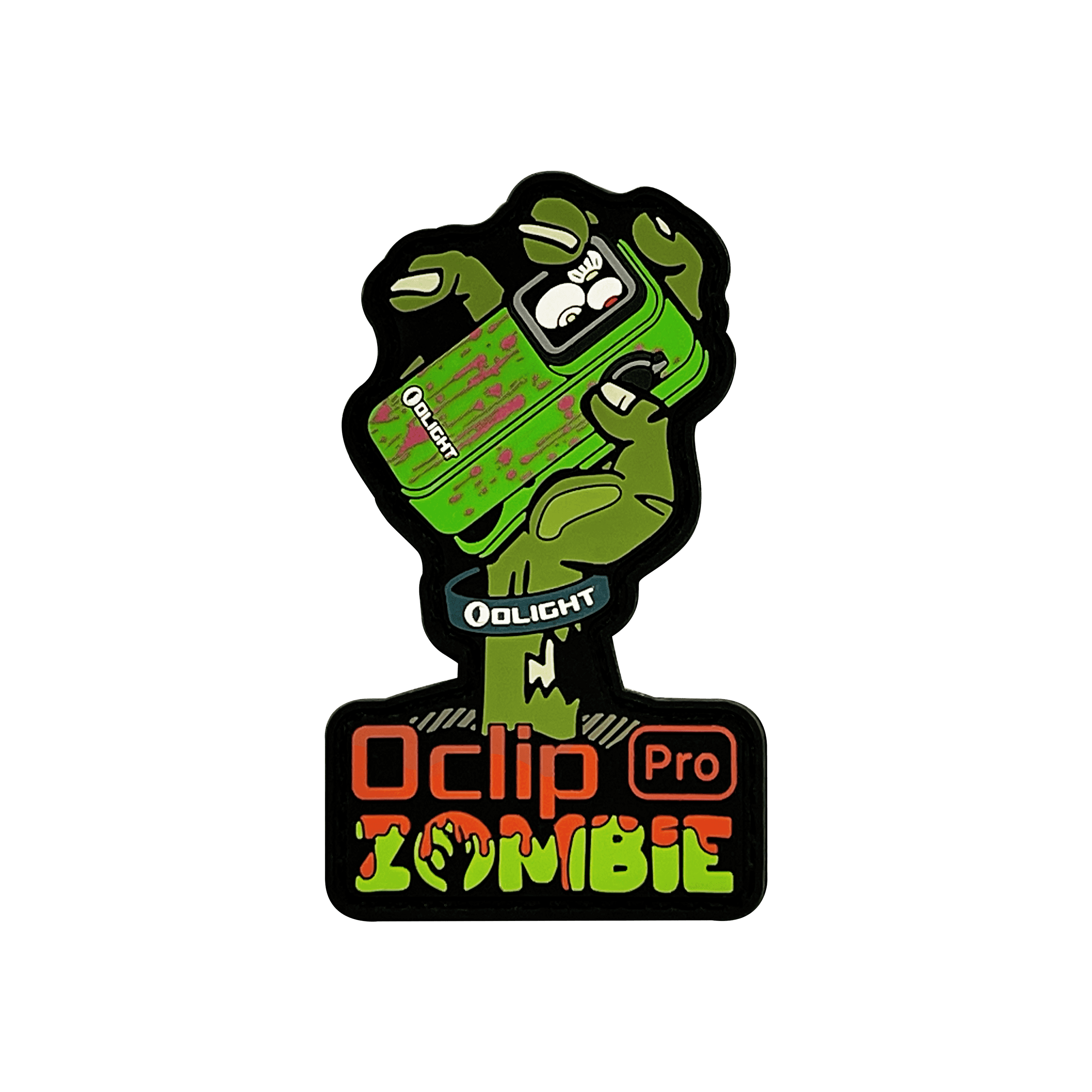 Olight Oclip Pro Zombie sticker: green zombie hand gripping an Olight branded device.