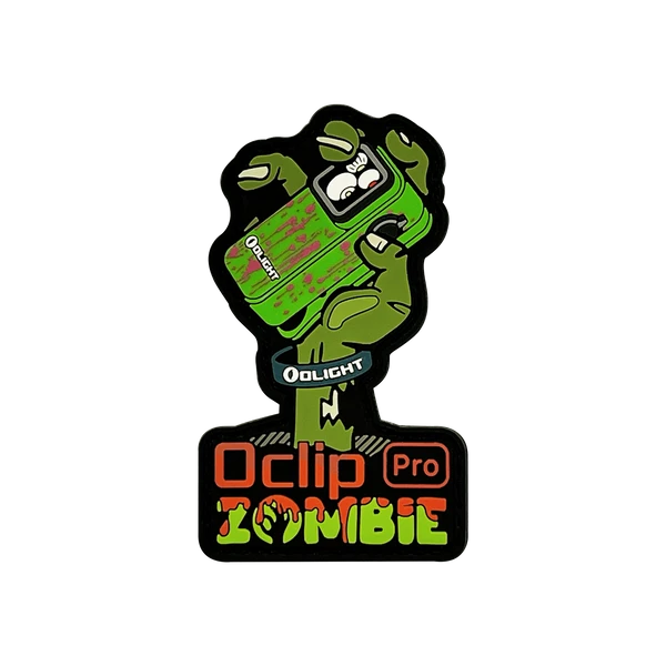 Olight Oclip Pro Zombie sticker: green zombie hand gripping an Olight branded device.