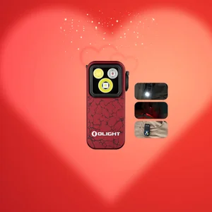 Olight Red OCLIP PRO front view, textured body with three distinct light sources, a versatile portable utility light for EDC.