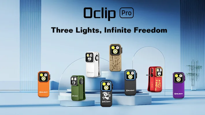 Oclip Pro compact clip lights in various colors and designs, including white, green, orange, red, black, purple.