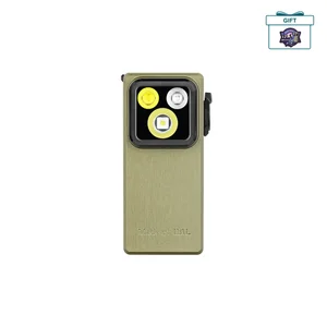 Olive green rectangular EDC pocket flashlight with triple LED emitters on white background