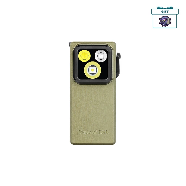 Olive green rectangular EDC pocket flashlight with triple LED emitters on white background